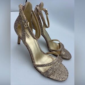 Michael Kors Women's Kimberly Sandal Glitter Mesh Gold Sand Heel Size 8M NEW